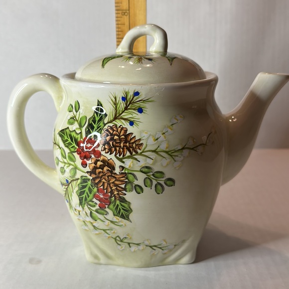 Harry & David Autumn Ceramic Tea Pot Pine Cones Holly Berries - Picture 5 of 5